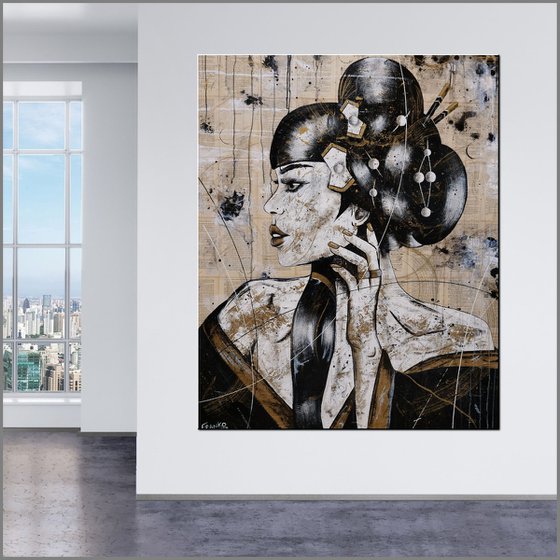 Golden Silk With Geisha 120cm x 150cm Geisha Book Page Urban Pop Art