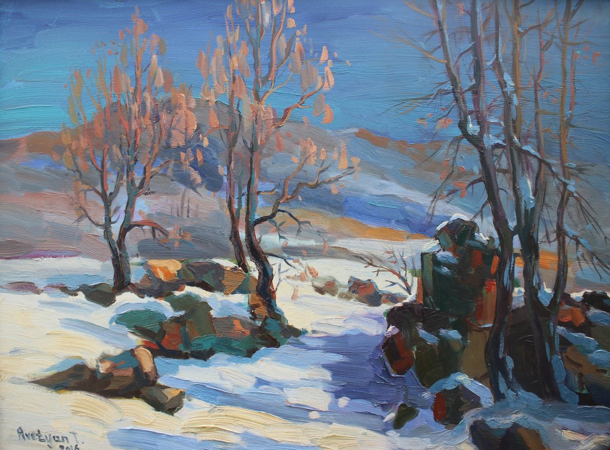 Expressive Landscape Oil Painting By Tigran Avetyan, 30 X 22", Winter Landscape, Original Artwork