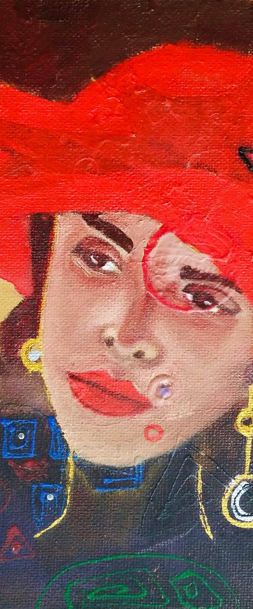Mary, Woman Portrait Red Hat Painting Original Female Wall Art Modern Artwork by Yulia Berseneva