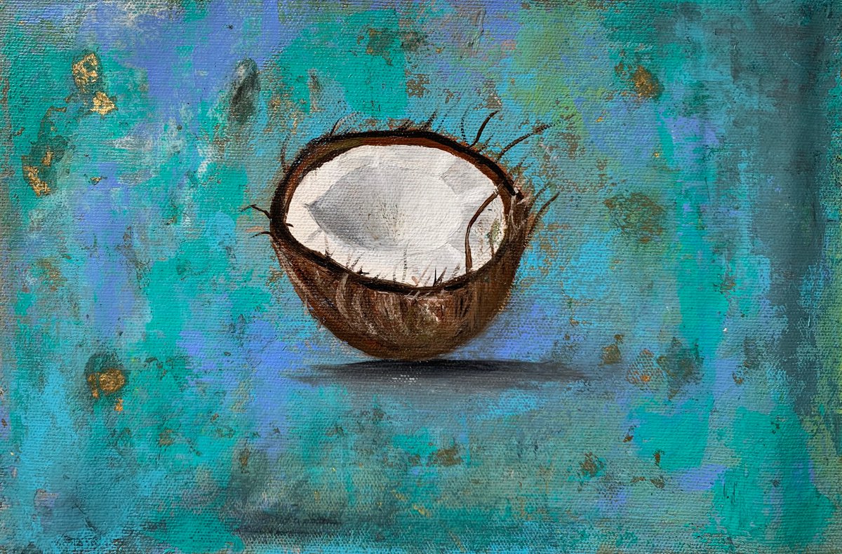 Coconut !! Rustic !! Still Life !! Small Painting !! Kitchen Art !! by Amita Dand
