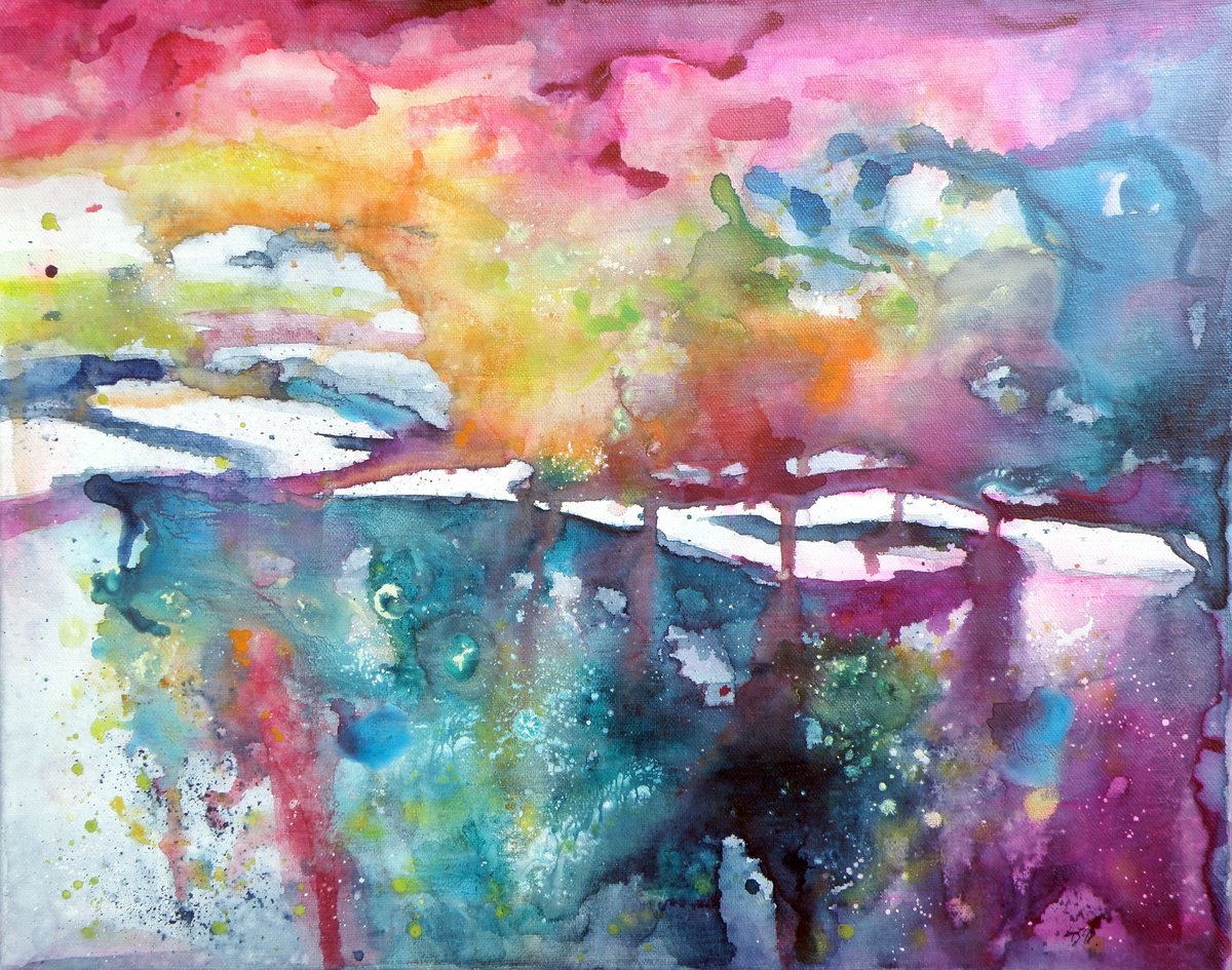 Abstract Landscape Watercolour By Kovacs Anna Brigitta, 20 X 16", Mystic Landscape, Original Artwork