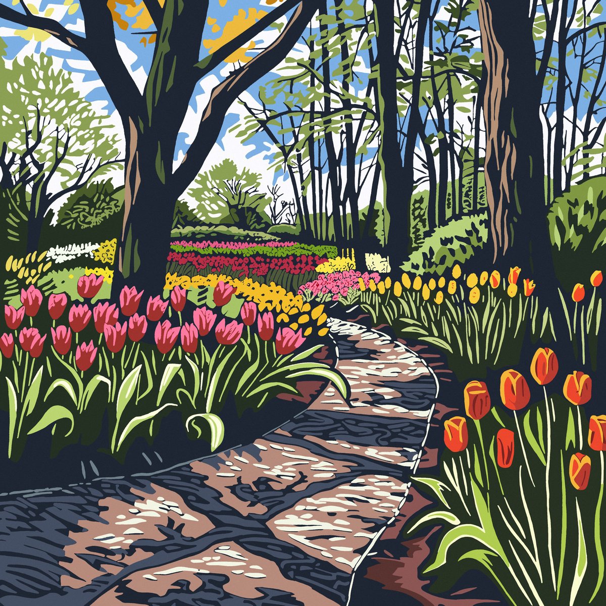Impressionistic Landscape Acrylic Painting By Kosta Morr, 31 X 31", Keukenhof Flower Park Iv, Original Artwork