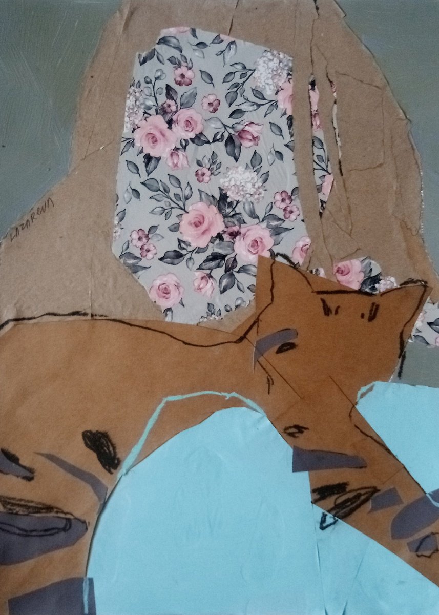 Animal Collage By Valerie Lazareva, 14 X 19", #21/24 Tiger Cat With Me, Original Artwork