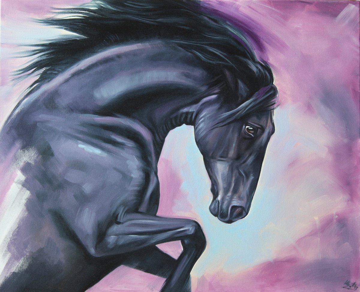 Expressive Animal Oil Painting By Marie Madej, 31 X 26", Spring Freshness Violet, Original Artwork