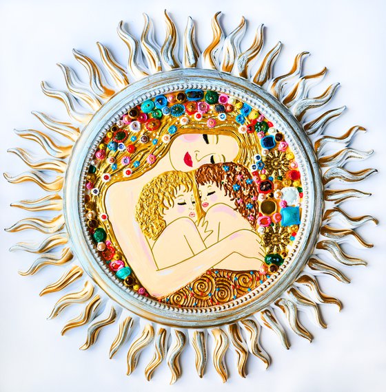 Mom and babies (Klimt inspired). Natural precious stones & mosaic glass art