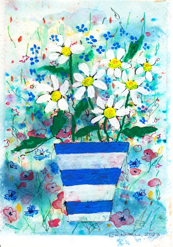 Daisies in a Blue and White Vase
