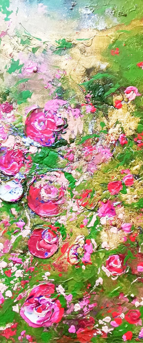 Rose Bush - 90x90 cm Large abstract painting. Pink red burgundy light green wall art by BAST