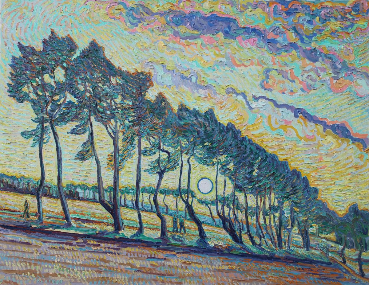 Impressionistic Landscape Oil Painting By Nigel Dickerson, 36 X 28", Scots Pine Trees, Original Artwork