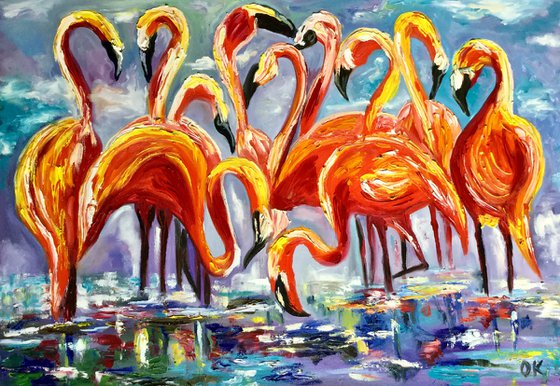 ORANGE FLAMINGOS. LARGE SIZE PAINTING. Original oil palette knife painting on linen canvas.