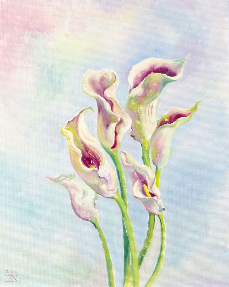 Impressionistic Botanical Oil Painting By Daria Galinski, 9 X 12, Calla Lilies, Original Artwork
