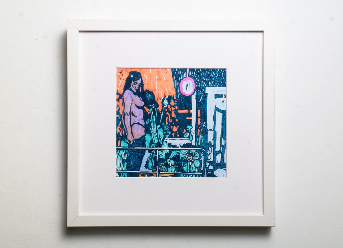 Graphic Portrait Oil Painting By Bohdan Katolyk, 12 X 12, Night Garden, Original Artwork