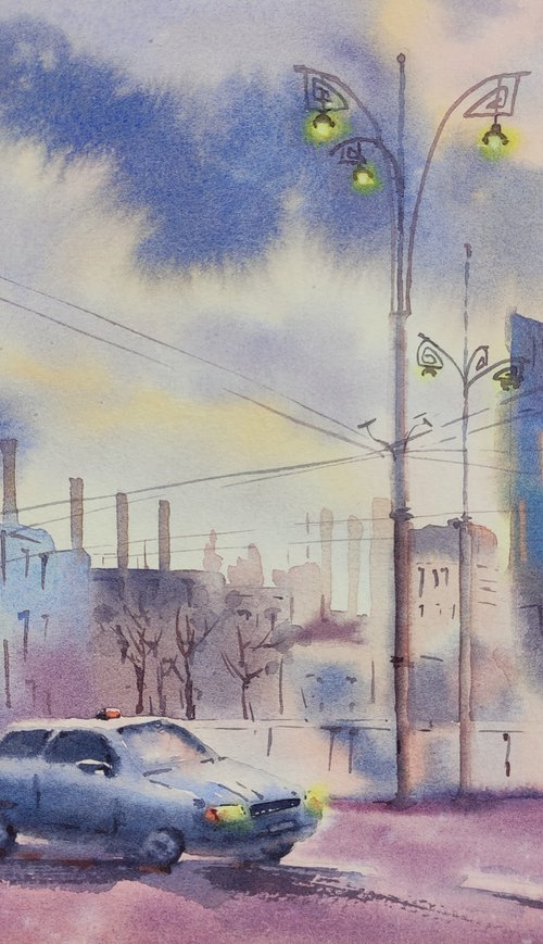 Ukrainian watercolor Kyiv winter morning by Nina Zakharova