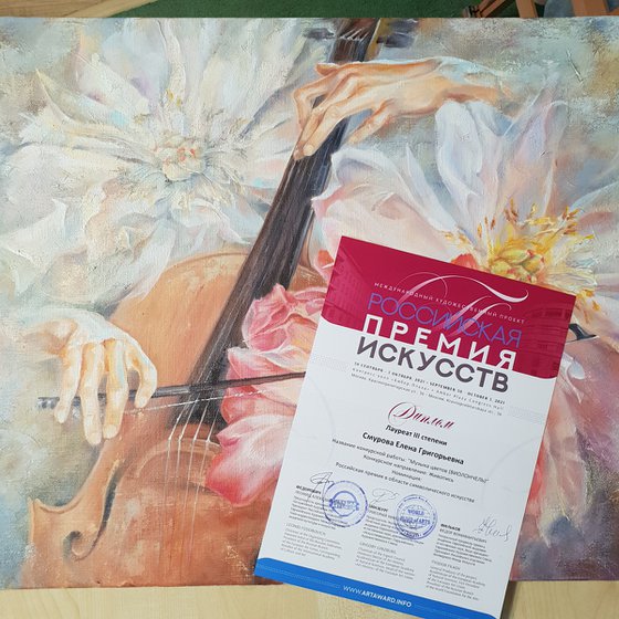 Music of flowers (CELLO) - oil painting, original gift