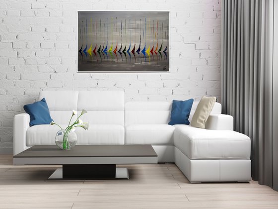 Colored on Gray  - abstract acrylic painting, canvas wall art, rainbow colors, framed modern art