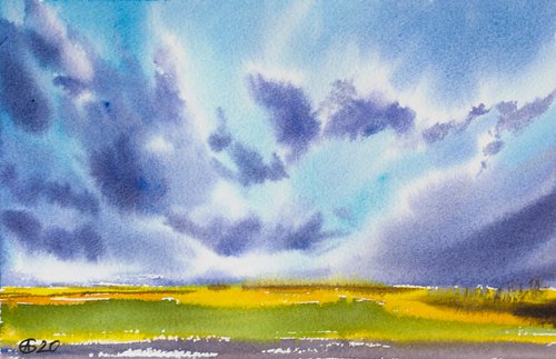 View from the train window series. Spain landscape. Original watercolor. Small watercolor natural sky clouds landscape by Sasha Romm