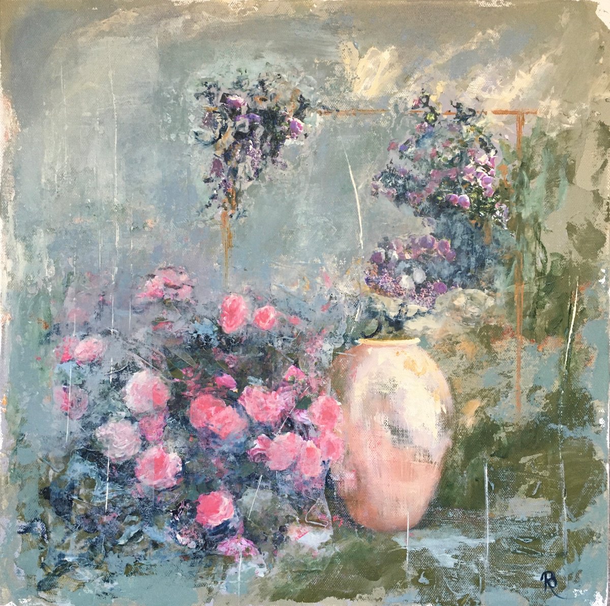 Organic Botanical Painting By Rebecca Pells, 16 X 16", The Rose Arbour, Original Artwork