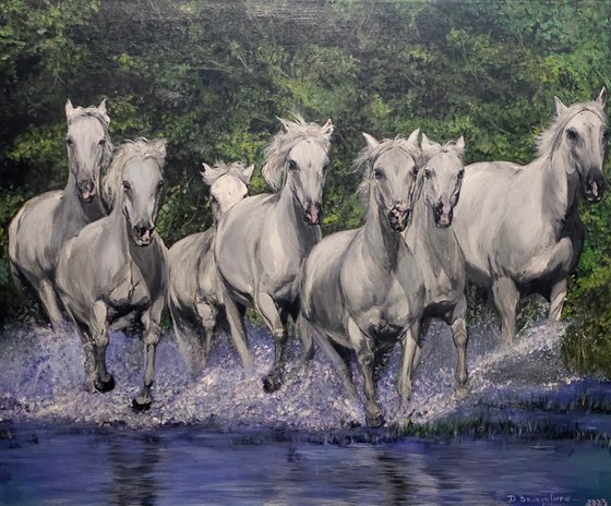 Acrylic painting horses on a sea