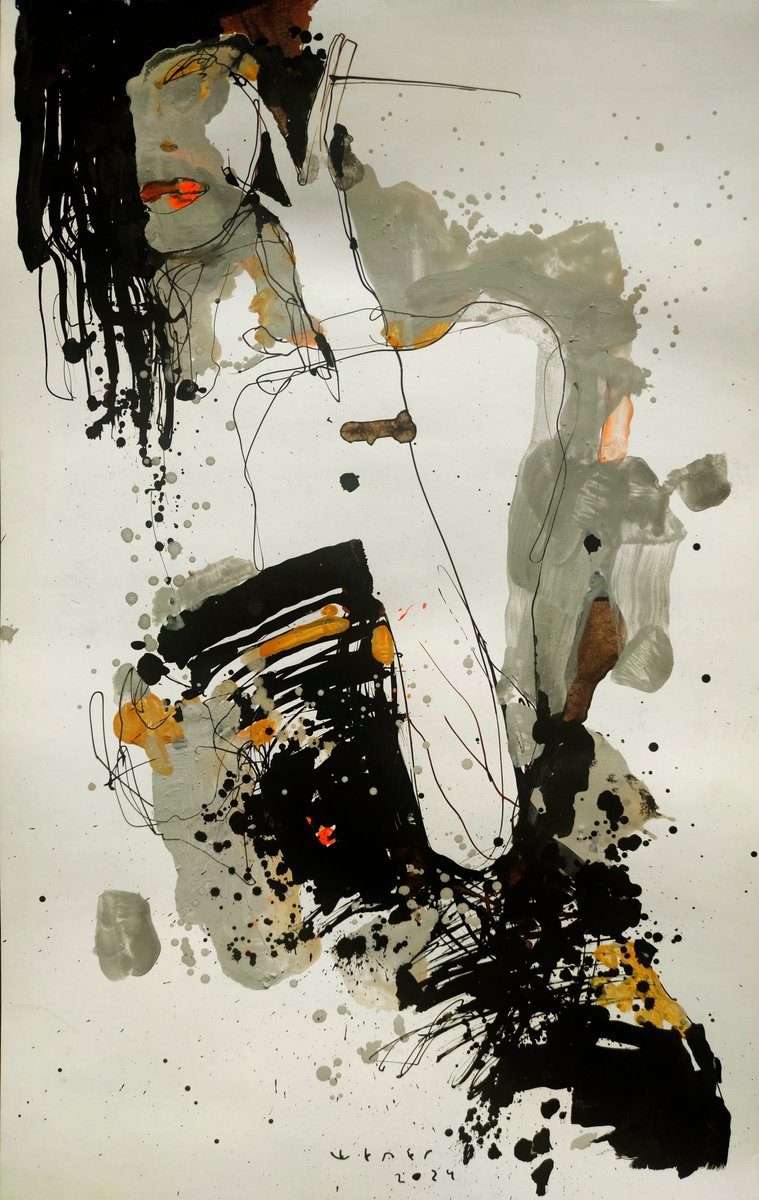 Expressive Portrait Ink Drawing By Victor Sheleg, 15 X 25", Blot Art, Original Artwork