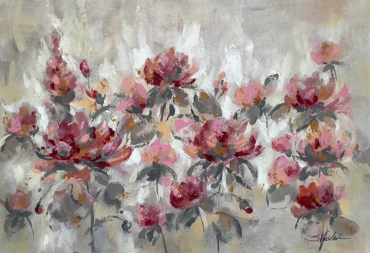 Pink, Gray and Gold Floral I by Silvia Vassileva