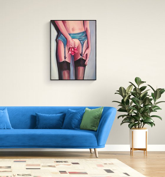 FLOWER - erotic art, original oil painting, naked woman, home decor