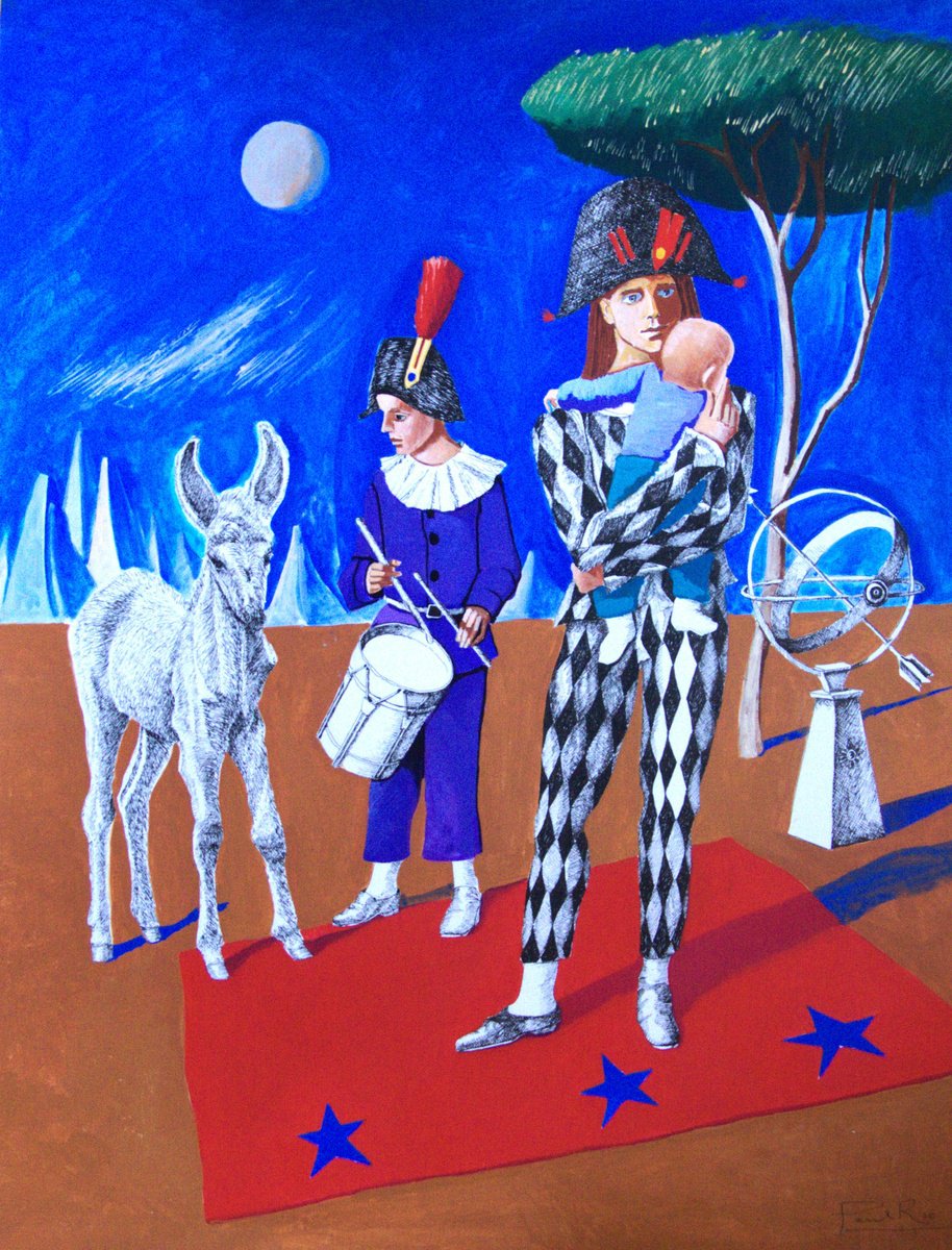 Painting , Harlequin With Drummer By Paul Rossi, 19 X 26, Artwork For Sale On Artfinder