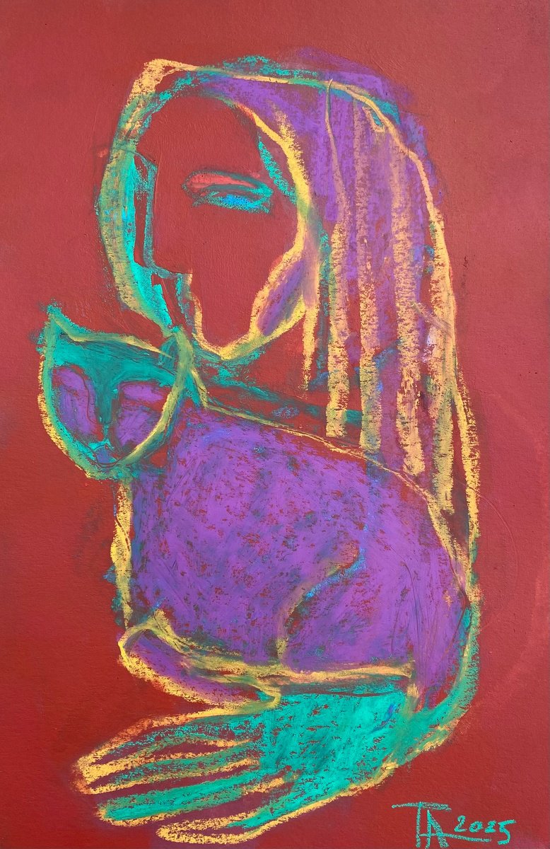 Expressive Portrait Pastel Drawing By Tatjana Auschew, 13 X 20", Woman With A Cat., Original Artwork