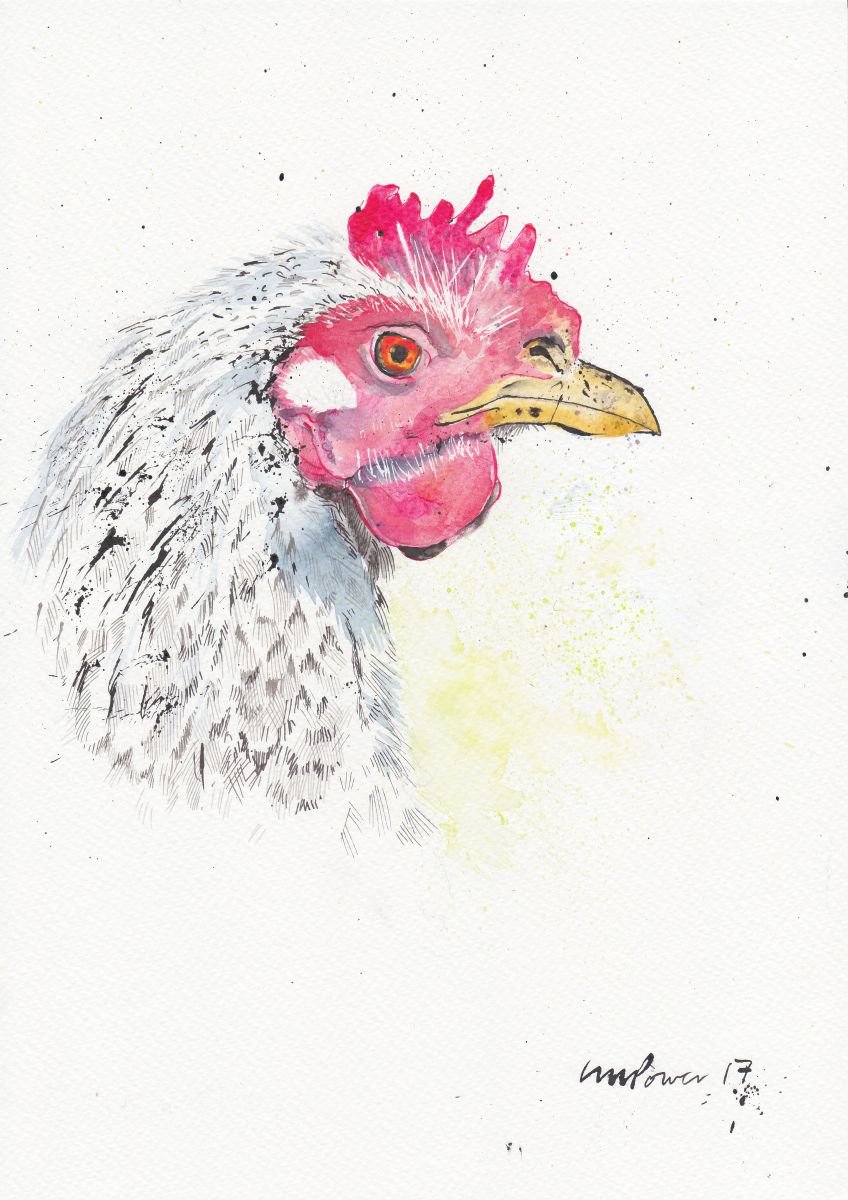 Speckled hen - watercolour and ink by Luci Power