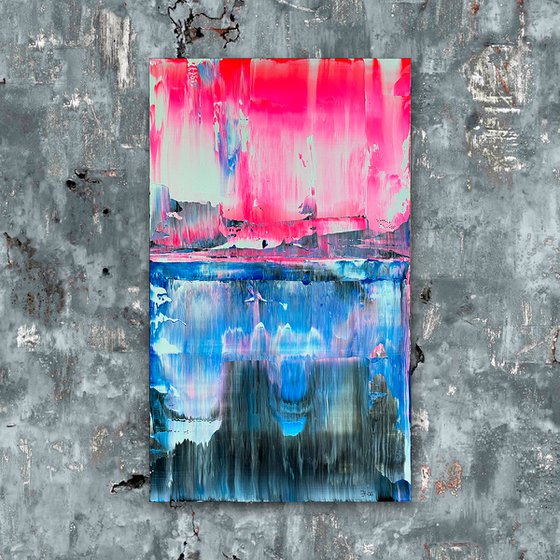 "From The Ice Age To The Pink Age" - FREE USA SHIPPING - Original PMS Abstract Acrylic Painting On Reclaimed Wood Panel - 14" x 24"