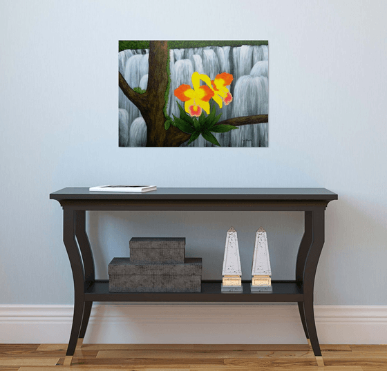 Voice In The Mist - yellow orchid floral painting; home, office decor; gift idea