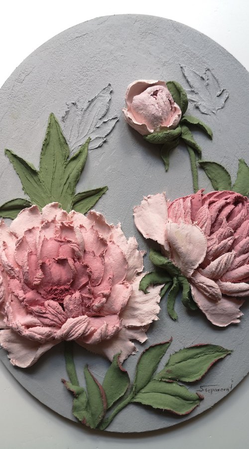 Peonies relief painting - 3d landscape, 26x32x5 cm by Irina Stepanova
