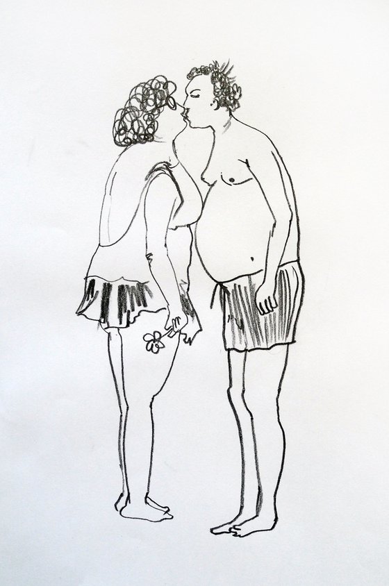 Set of 2 sketches with people - pair in love and girl with fish