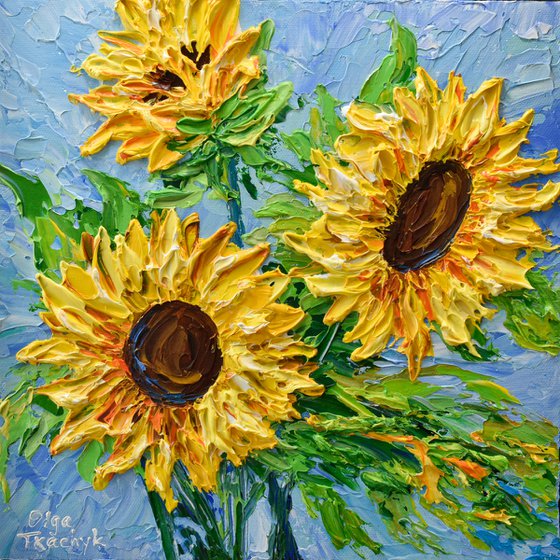 Sunflowers on Blue III - Original Floral Painting on Canvas, Palette Knife Art, Textured Impasto Artwork