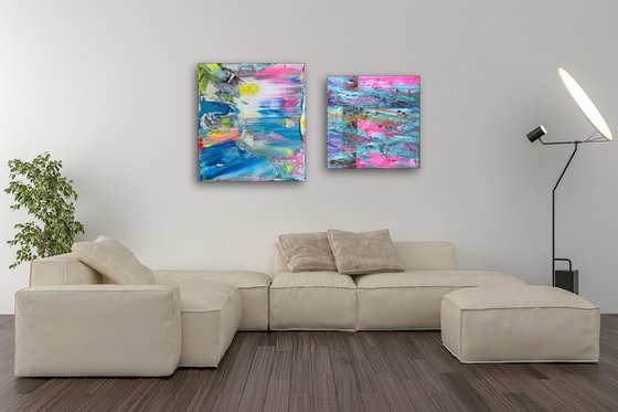 "I'm Rubber You're Glue" - Original PMS Abstract Acrylic Painting Diptych on Canvas and Wooden Panel - 44" x 27"