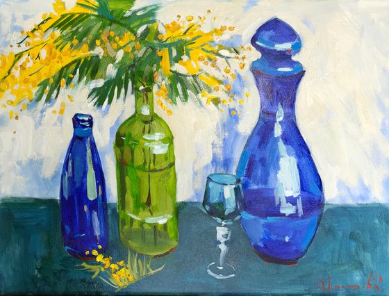 mimosa and blue decanter