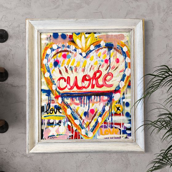 White Cuore, with vintage frame (75x66 cm) ready to hang