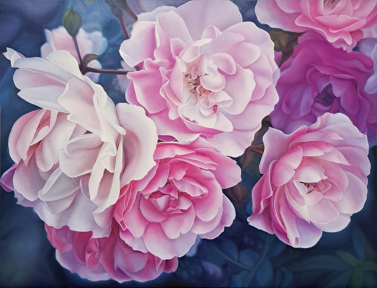 Photorealistic Botanical Oil Painting By Anna Steshenko, 33 X 26, Summer Roses, Original Artwork