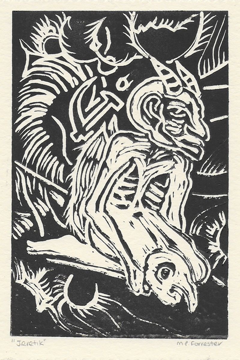 Jeretic Fallen Angel/Demon - Original Lino Print by Maria Forrester