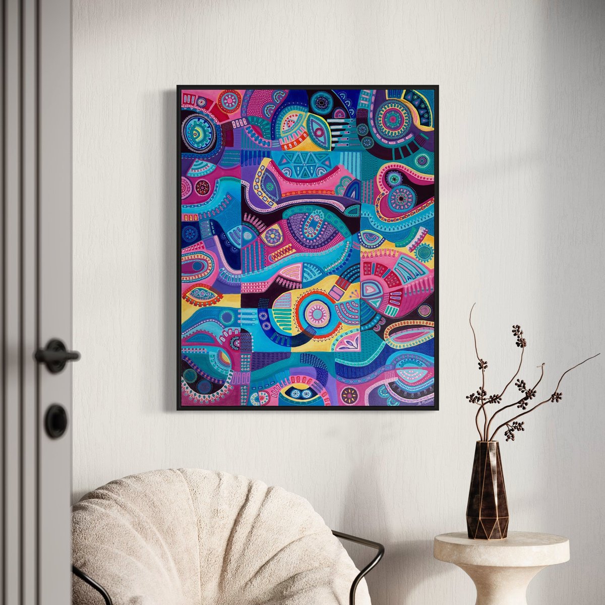Geometric Abstract Painting By Samantha Malone, 39 X 31", Fancy Dress Party, Original Artwork