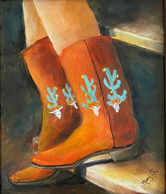 One of a Kind Cowgirl Green Blue Boots Original Oil Painting 8x10 Brown Frame