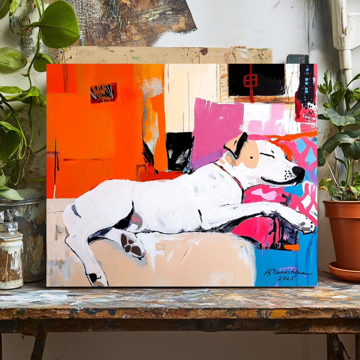 Impressionistic Animal Acrylic Painting By Anastasia Mamoshina, 18 X 15, Cute Sleeping Dog, Original Artwork