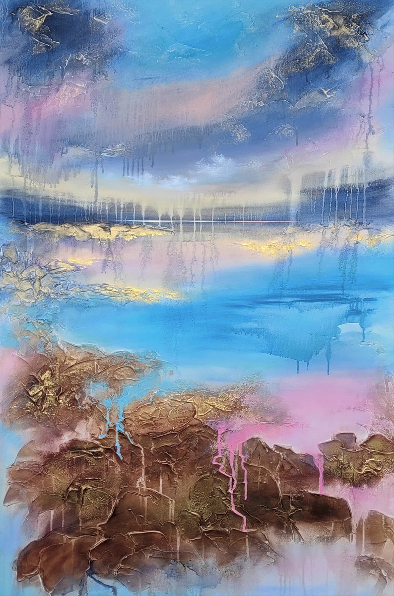 Abstract Acrylic Painting By Vera Hoi, 31 X 47", "Beyond The Horizon", Original Artwork