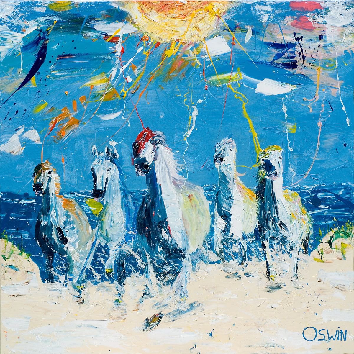 Abstract Landscape Acrylic Painting By Oswin Gesselli, 47 X 47", Horse Painting - On The Beach Equine Art 120 X 120 Cm. 47.24"X 47.24