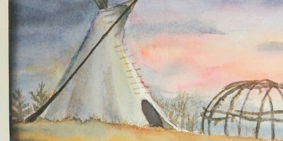 Peace Valley - Regina Saskatchewan Canada, Teepee, sweat lodge, original watercolor