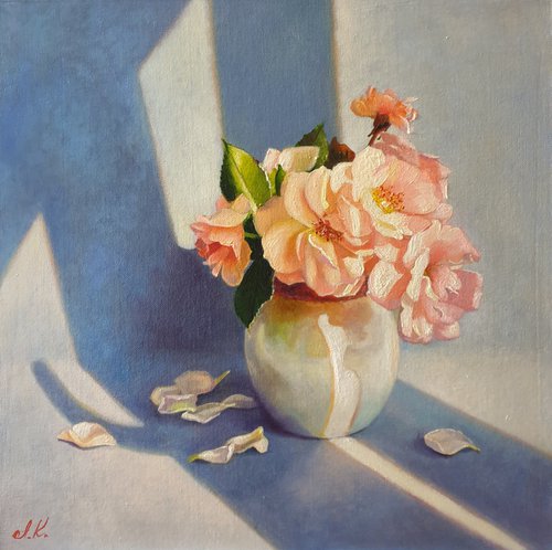 "Garden roses in the rays of the evening sun."  rose flower  liGHt original painting  GIFT (2021) by Anna Bessonova (Kotelnik)