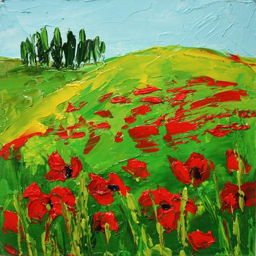 Poppy fields... 4x4" / FROM MY A SERIES OF MINI WORKS LANDSCAPE / ORIGINAL OIL PAINTING by Salana Art Gallery