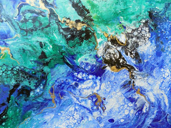 Modern abstract art blue green gold metallic painting, Summer vibes