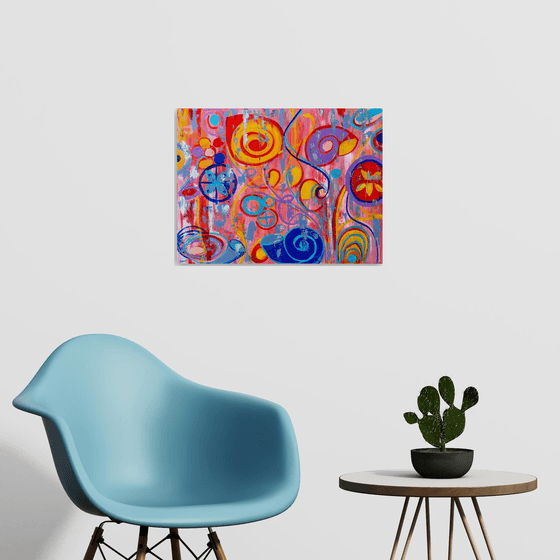 Abstract painting , summer and sunshine, turquoise, silver, pink, red lemon painting.