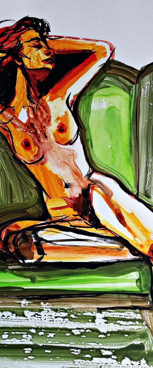 Nude in green chair by Nevena Kostić