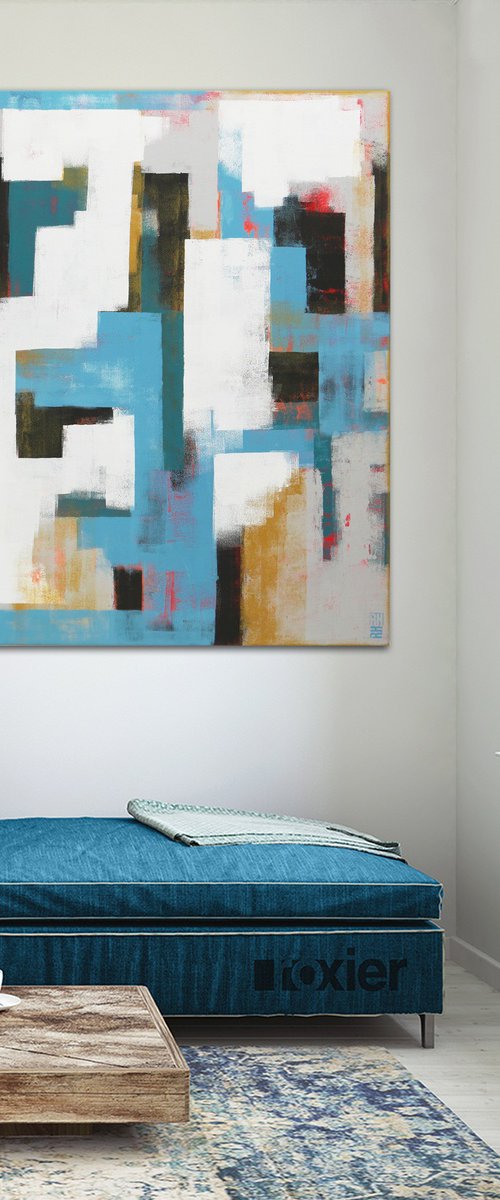 Vertical Abstract Painting: Untitled in Blue & Grey - 90x110 cm - Ronald Hunter - 2O by Ronald Hunter