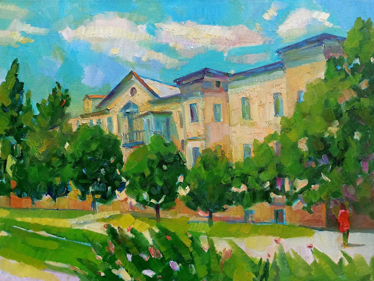Impressionistic Landscape Oil Painting By Peter Tovpev, 31 X 24", City Boulevard, Original Artwork